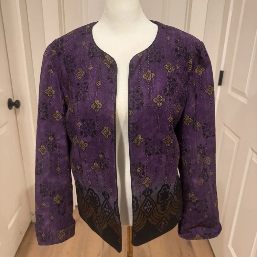 Vintage Coldwater Creek Women's Size 10 Med Purple Floral Cotton Open Jacket‎